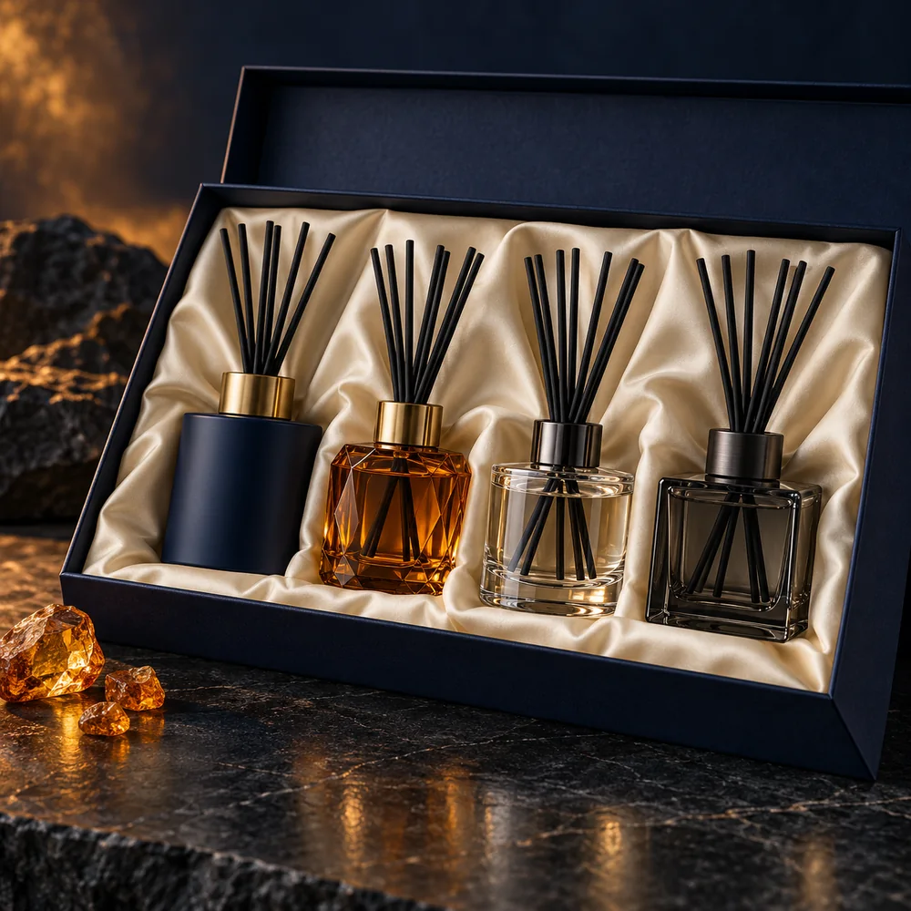 Set de 4 difuzoare parfumate în cutie cadou Mosc și Ambră